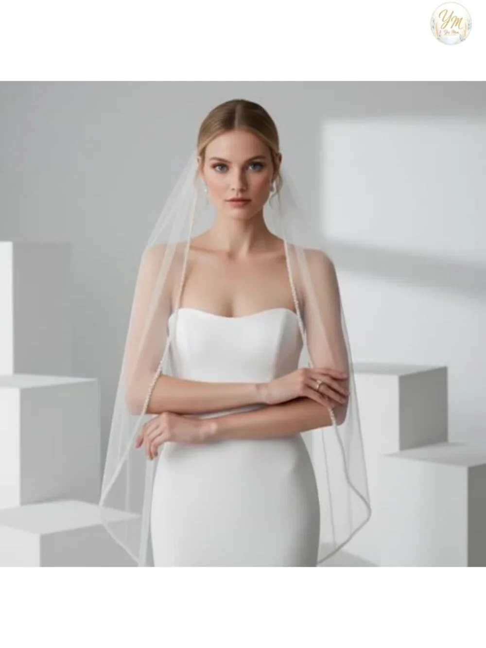 Fingertip Wedding Veil Tulle Hand-Stitched Pearls Crystals Comb